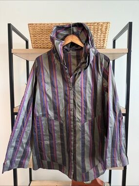 Babette Vertical Striped Hooded Lightweight Raincoat Jacket, Small